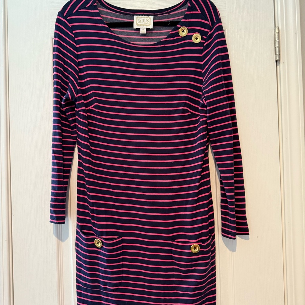 Elegant Navy and Pink Striped Long Sleeve Dress